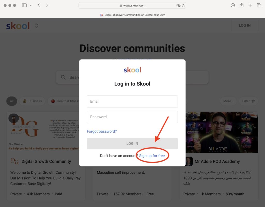 Skool Login-Fenster mit hervorgehobener Option 'Sign up for free'